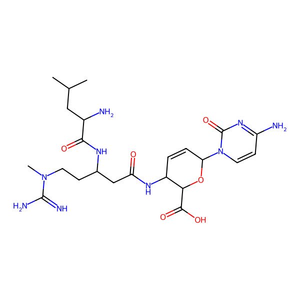 2D Structure of (2S,3S,6R)-3-[[(3S)-3-[[(2S)-2-amino-4-methylpentanoyl]amino]-5-[carbamimidoyl(methyl)amino]pentanoyl]amino]-6-(4-amino-2-oxopyrimidin-1-yl)-3,6-dihydro-2H-pyran-2-carboxylic acid