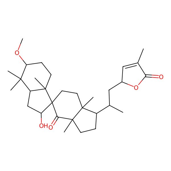 2D Structure of 2-[2-(2-hydroxy-6-methoxy-3a,3'a,7,7,7'a-pentamethyl-4'-oxospiro[1,2,4,5,6,7a-hexahydroindene-3,5'-2,3,6,7-tetrahydro-1H-indene]-1'-yl)propyl]-4-methyl-2H-furan-5-one
