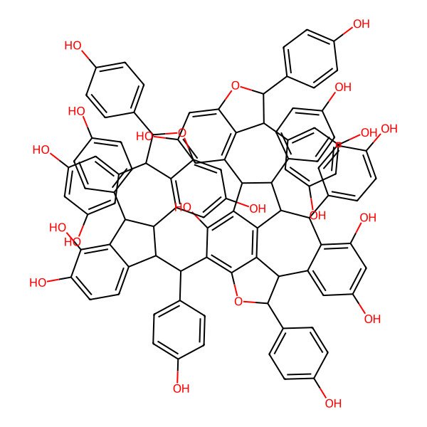 2D Structure of (1S,2R,3R,9S,17S)-3-[(2R,3R)-3-(3,5-dihydroxyphenyl)-6-hydroxy-2-(4-hydroxyphenyl)-2,3-dihydro-1-benzofuran-4-yl]-6-[(S)-[(1R,2S,3S)-2-[(2R,3R)-3-(3,5-dihydroxyphenyl)-6-hydroxy-2-(4-hydroxyphenyl)-2,3-dihydro-1-benzofuran-4-yl]-4,5-dihydroxy-3-(4-hydroxyphenyl)-2,3-dihydro-1H-inden-1-yl]-(4-hydroxyphenyl)methyl]-2,9,17-tris(4-hydroxyphenyl)-8-oxapentacyclo[8.7.2.04,18.07,19.011,16]nonadeca-4(18),5,7(19),11(16),12,14-hexaene-5,13,15-triol
