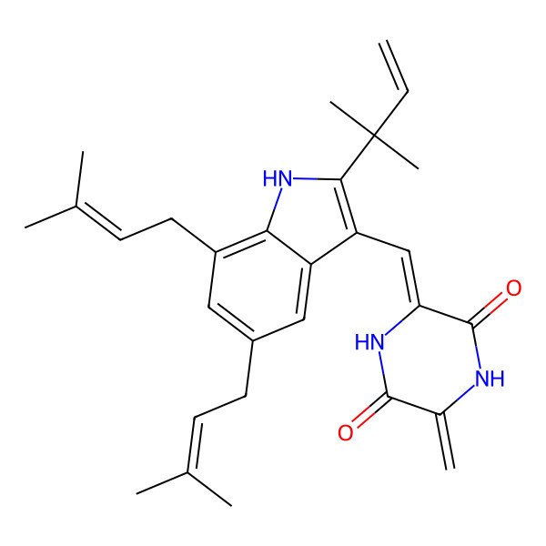 2D Structure of 3-[[2-(2-methylbut-3-en-2-yl)-5,7-bis(3-methylbut-2-enyl)-1H-indol-3-yl]methylidene]-6-methylidenepiperazine-2,5-dione