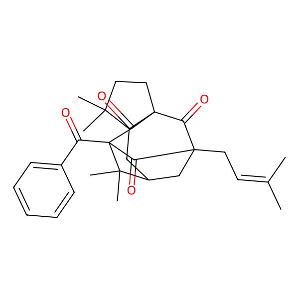 2D Structure of (1R,5S,7R,9R,11S)-9-benzoyl-4,4,8,8-tetramethyl-11-(3-methylbut-2-enyl)tetracyclo[7.3.1.17,11.01,5]tetradecane-10,12,13-trione