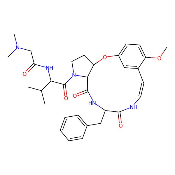2D Structure of N-[1-[(13Z)-10-benzyl-16-methoxy-8,11-dioxo-2-oxa-6,9,12-triazatricyclo[13.3.1.03,7]nonadeca-1(19),13,15,17-tetraen-6-yl]-3-methyl-1-oxobutan-2-yl]-2-(dimethylamino)acetamide