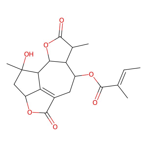 2D Structure of [(1S,2S,5R,6R,7R,12S,14R)-14-hydroxy-5,14-dimethyl-4,10-dioxo-3,11-dioxatetracyclo[7.5.1.02,6.012,15]pentadec-9(15)-en-7-yl] (E)-2-methylbut-2-enoate
