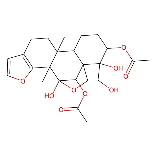 2D Structure of [(1R,2R,3R,6R,7R,15S,16S,19S)-19-acetyloxy-2,16-dihydroxy-2-(hydroxymethyl)-7,15-dimethyl-13,17-dioxapentacyclo[14.2.1.01,6.07,15.010,14]nonadeca-10(14),11-dien-3-yl] acetate