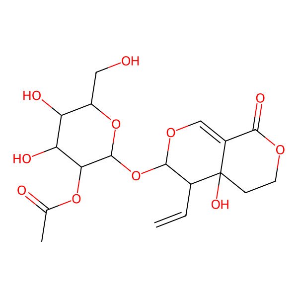 2D Structure of [(2S,3R,4S,5S,6R)-2-[[(3S,4R,4aR)-4-ethenyl-4a-hydroxy-8-oxo-3,4,5,6-tetrahydropyrano[3,4-c]pyran-3-yl]oxy]-4,5-dihydroxy-6-(hydroxymethyl)oxan-3-yl] acetate
