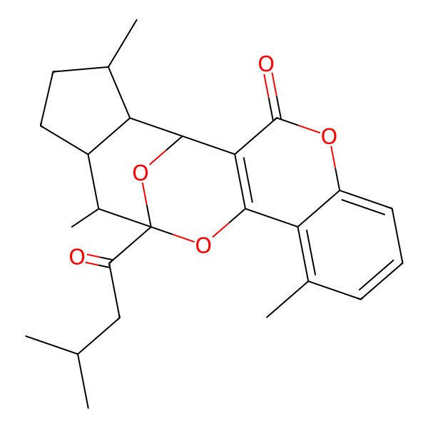 2D Structure of (1S,13S,14R,15S,18S,19R)-9,14,18-trimethyl-13-(3-methylbutanoyl)-4,12,20-trioxapentacyclo[11.6.1.02,11.05,10.015,19]icosa-2(11),5,7,9-tetraen-3-one