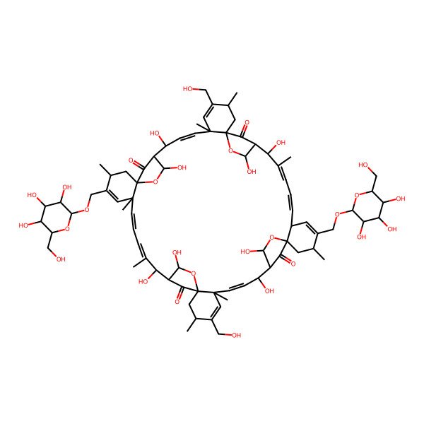 2D Structure of 9,11,23,25,35,37,49,51-Octahydroxy-4,30-bis(hydroxymethyl)-3,6,15,18,22,29,32,41,48-nonamethyl-16,42-bis[[3,4,5-trihydroxy-6-(hydroxymethyl)oxan-2-yl]oxymethyl]-12,26,38,52-tetraoxanonacyclo[48.2.1.110,13.124,27.136,39.01,6.013,18.027,32.039,44]hexapentaconta-4,7,16,19,21,30,33,42,45,47-decaene-53,54,55,56-tetrone