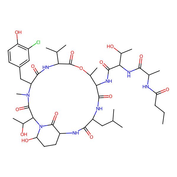 2D Structure of 2-[[(2S)-2-(butanoylamino)propanoyl]amino]-N-[(2S,5S,8S,11R,12S,15S,18R,21R)-5-[(3-chloro-4-hydroxyphenyl)methyl]-21-hydroxy-2-(1-hydroxyethyl)-4,11-dimethyl-15-(2-methylpropyl)-3,6,9,13,16,22-hexaoxo-8-propan-2-yl-10-oxa-1,4,7,14,17-pentazabicyclo[16.3.1]docosan-12-yl]-3-hydroxybutanamide