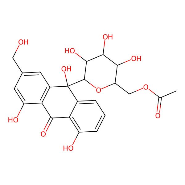 2D Structure of [(2R,3S,4S,5R,6R)-3,4,5-trihydroxy-6-[(9S)-4,5,9-trihydroxy-2-(hydroxymethyl)-10-oxoanthracen-9-yl]oxan-2-yl]methyl acetate
