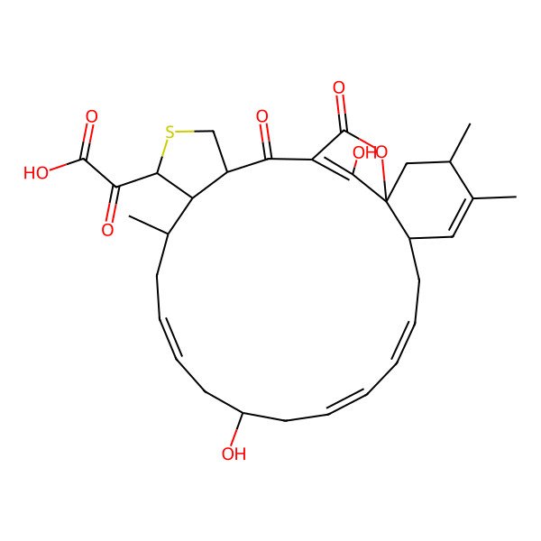 2D Structure of 2-(13,28-Dihydroxy-3,4,18-trimethyl-24,26-dioxo-27-oxa-21-thiatetracyclo[23.2.1.01,6.019,23]octacosa-4,8,10,15,25(28)-pentaen-20-yl)-2-oxoacetic acid
