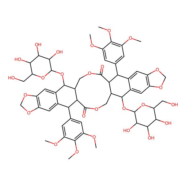 2D Structure of (1S,5S,6R,16R,17R,21R,22R,32R)-6,22-bis[[(2R,3R,4S,5S,6R)-3,4,5-trihydroxy-6-(hydroxymethyl)oxan-2-yl]oxy]-16,32-bis(3,4,5-trimethoxyphenyl)-3,10,12,19,26,28-hexaoxaheptacyclo[19.11.0.05,17.07,15.09,13.023,31.025,29]dotriaconta-7,9(13),14,23,25(29),30-hexaene-2,18-dione