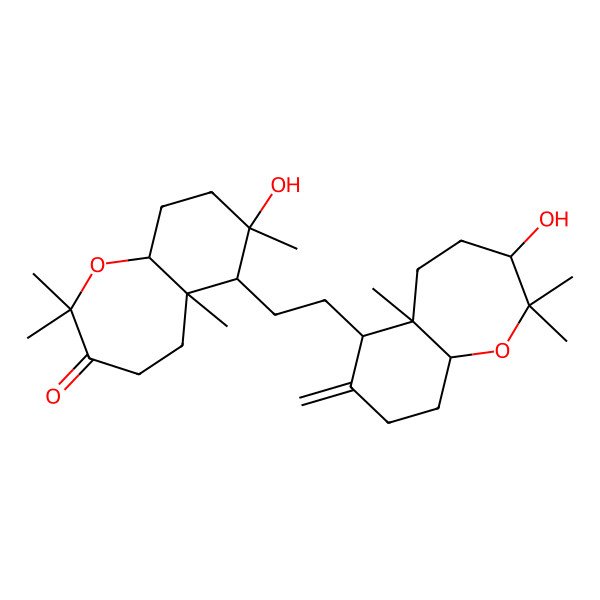 2D Structure of (5aS,6S,7R,9aS)-6-[2-[(3S,5aS,6R,9aS)-3-hydroxy-2,2,5a-trimethyl-7-methylidene-4,5,6,8,9,9a-hexahydro-3H-benzo[b]oxepin-6-yl]ethyl]-7-hydroxy-2,2,5a,7-tetramethyl-4,5,6,8,9,9a-hexahydrobenzo[b]oxepin-3-one