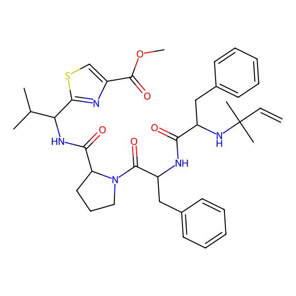 2D Structure of methyl 2-[(1R)-2-methyl-1-[[(2S)-1-[(2S)-2-[[(2S)-2-(2-methylbut-3-en-2-ylamino)-3-phenylpropanoyl]amino]-3-phenylpropanoyl]pyrrolidine-2-carbonyl]amino]propyl]-1,3-thiazole-4-carboxylate