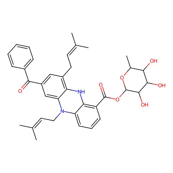 2D Structure of [(2S,3R,4R,5R,6S)-3,4,5-Trihydroxy-6-methyloxan-2-yl] 7-benzoyl-5,9-bis(3-methylbut-2-enyl)-10H-phenazine-1-carboxylate