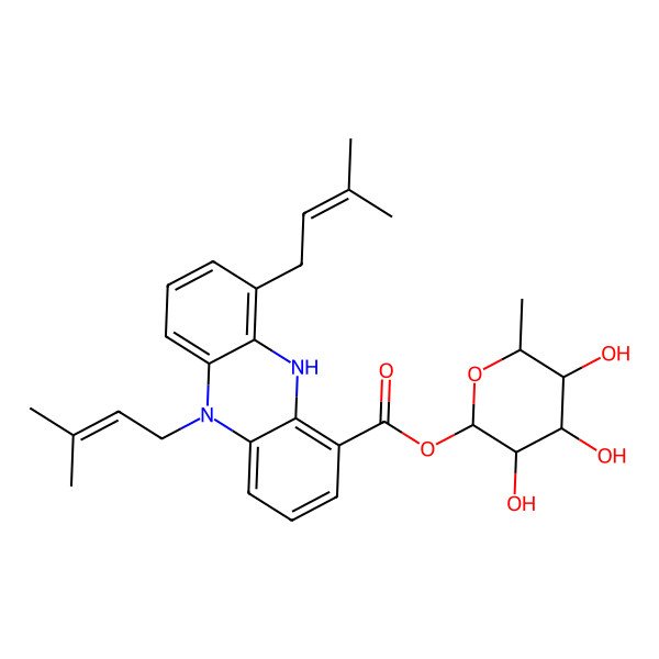 2D Structure of [(2S,3R,4R,5R,6S)-3,4,5-trihydroxy-6-methyloxan-2-yl] 5,9-bis(3-methylbut-2-enyl)-10H-phenazine-1-carboxylate
