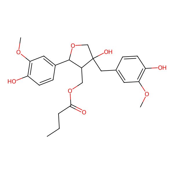 2D Structure of [(2S,3R,4R)-4-hydroxy-2-(4-hydroxy-3-methoxyphenyl)-4-[(4-hydroxy-3-methoxyphenyl)methyl]oxolan-3-yl]methyl butanoate
