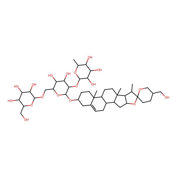 2D Structure of (2S,3R,4R,5S,6S)-2-[(2R,3R,4R,5S,6R)-4,5-dihydroxy-2-[(1R,2R,4R,5'S,6S,7R,8S,9R,12R,13R,16S)-5'-(hydroxymethyl)-7,9,13-trimethylspiro[5-oxapentacyclo[10.8.0.02,9.04,8.013,18]icos-18-ene-6,2'-oxane]-16-yl]oxy-6-[[(2S,3S,4S,5R,6S)-3,4,5-trihydroxy-6-(hydroxymethyl)oxan-2-yl]oxymethyl]oxan-3-yl]oxy-6-methyloxane-3,4,5-triol