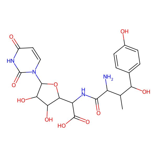 2D Structure of (2S)-2-[[(2S,3R,4S)-2-amino-4-hydroxy-4-(4-hydroxyphenyl)-3-methylbutanoyl]amino]-2-[(2S,3R,4S,5S)-5-(2,4-dioxopyrimidin-1-yl)-3,4-dihydroxyoxolan-2-yl]acetic acid