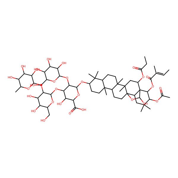 2D Structure of 6-[[21-Acetyloxy-23-hydroxy-4,5,9,9,13,20,20-heptamethyl-22-(2-methylbut-2-enoyloxy)-2-propanoyloxy-24-oxahexacyclo[15.5.2.01,18.04,17.05,14.08,13]tetracosan-10-yl]oxy]-4-[4,5-dihydroxy-6-(hydroxymethyl)-3-(3,4,5-trihydroxy-6-methyloxan-2-yl)oxyoxan-2-yl]oxy-3-hydroxy-5-[3,4,5-trihydroxy-6-(hydroxymethyl)oxan-2-yl]oxyoxane-2-carboxylic acid