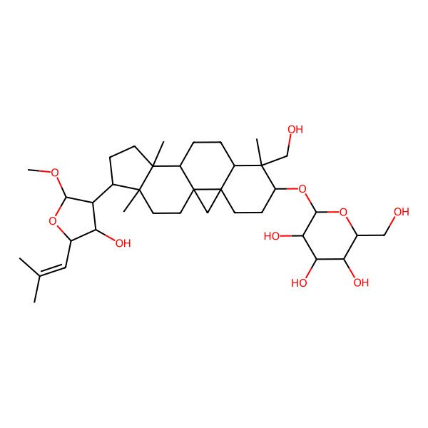 2D Structure of (2R,3R,4S,5S,6R)-2-[[(1S,3R,6S,7S,8R,11R,12S,15R,16R)-15-[(2R,3S,4S,5R)-4-hydroxy-2-methoxy-5-(2-methylprop-1-enyl)oxolan-3-yl]-7-(hydroxymethyl)-7,12,16-trimethyl-6-pentacyclo[9.7.0.01,3.03,8.012,16]octadecanyl]oxy]-6-(hydroxymethyl)oxane-3,4,5-triol