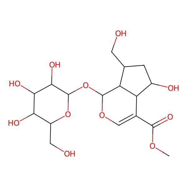 2D Structure of methyl (1S,4aR,5S,7S,7aR)-5-hydroxy-7-(hydroxymethyl)-1-[(2S,3R,4S,5S,6R)-3,4,5-trihydroxy-6-(hydroxymethyl)oxan-2-yl]oxy-1,4a,5,6,7,7a-hexahydrocyclopenta[c]pyran-4-carboxylate