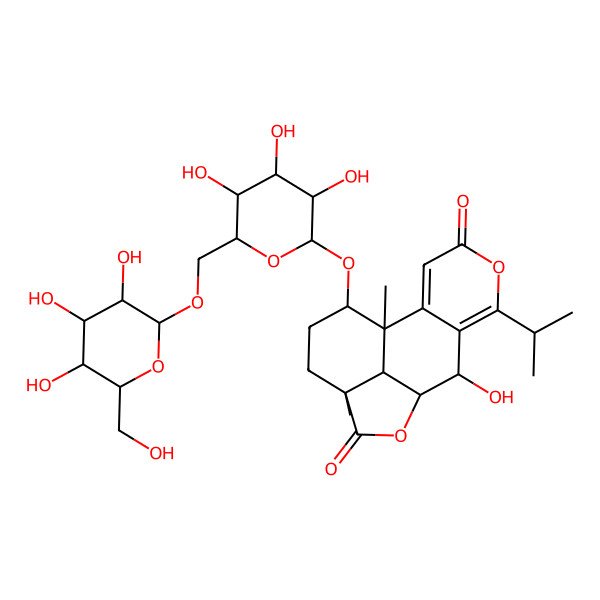 2D Structure of 8-Hydroxy-1,12-dimethyl-6-propan-2-yl-15-[3,4,5-trihydroxy-6-[[3,4,5-trihydroxy-6-(hydroxymethyl)oxan-2-yl]oxymethyl]oxan-2-yl]oxy-5,10-dioxatetracyclo[7.6.1.02,7.012,16]hexadeca-2,6-diene-4,11-dione