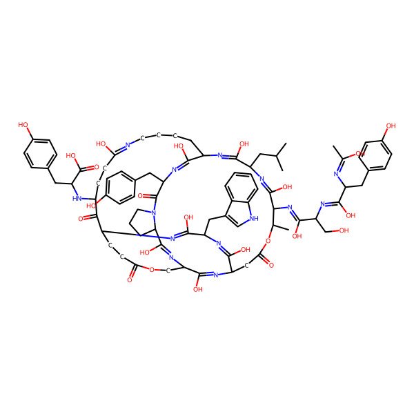 2D Structure of (2S)-2-[[(1S,4S,10S,13S,19S,22S,25S,29R,30S,33S,44R)-30-[[(2S)-1,3-dihydroxy-2-[[(2S)-1-hydroxy-2-(1-hydroxyethylideneamino)-3-(4-hydroxyphenyl)propylidene]amino]propylidene]amino]-2,11,21,24,31,34,41,47-octahydroxy-4-[(4-hydroxyphenyl)methyl]-22-(1H-indol-3-ylmethyl)-29-methyl-33-(2-methylpropyl)-5,16,27,45-tetraoxo-15,28-dioxa-3,6,12,20,23,32,35,40,46-nonazatetracyclo[17.16.10.213,25.06,10]heptatetraconta-2,11,20,23,31,34,40,46-octaen-44-yl]amino]-3-(4-hydroxyphenyl)propanoic acid