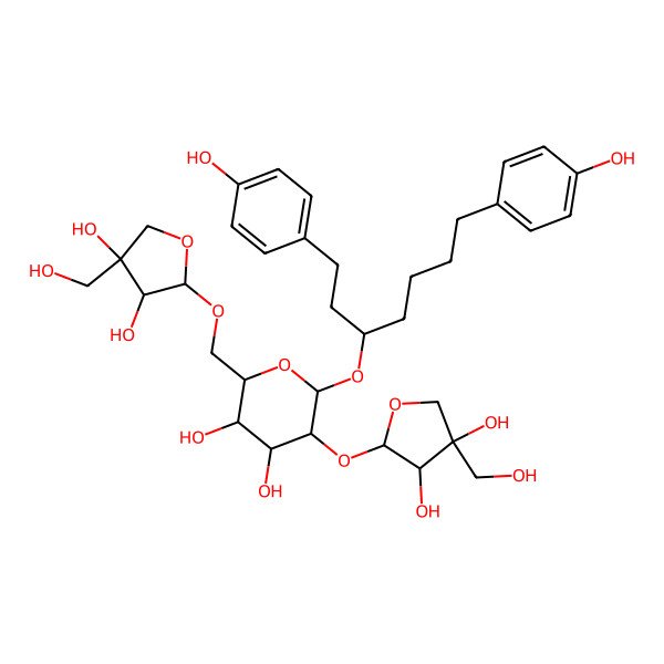 2D Structure of (2R,3S,4S,5R,6R)-6-[(3R)-1,7-bis(4-hydroxyphenyl)heptan-3-yl]oxy-5-[(2R,3R,4R)-3,4-dihydroxy-4-(hydroxymethyl)oxolan-2-yl]oxy-2-[[(2R,3R,4R)-3,4-dihydroxy-4-(hydroxymethyl)oxolan-2-yl]oxymethyl]oxane-3,4-diol