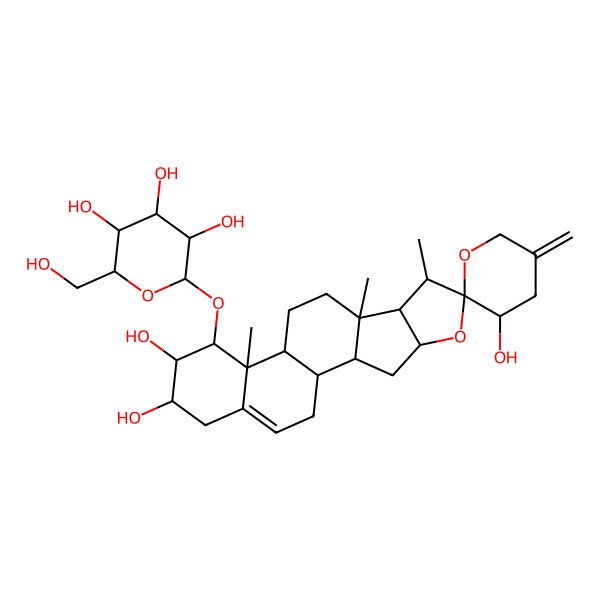 2D Structure of 7,9,13-Trimethyl-5'-methylidene-14-[3,4,5-trihydroxy-6-(hydroxymethyl)oxan-2-yl]oxyspiro[5-oxapentacyclo[10.8.0.02,9.04,8.013,18]icos-18-ene-6,2'-oxane]-3',15,16-triol