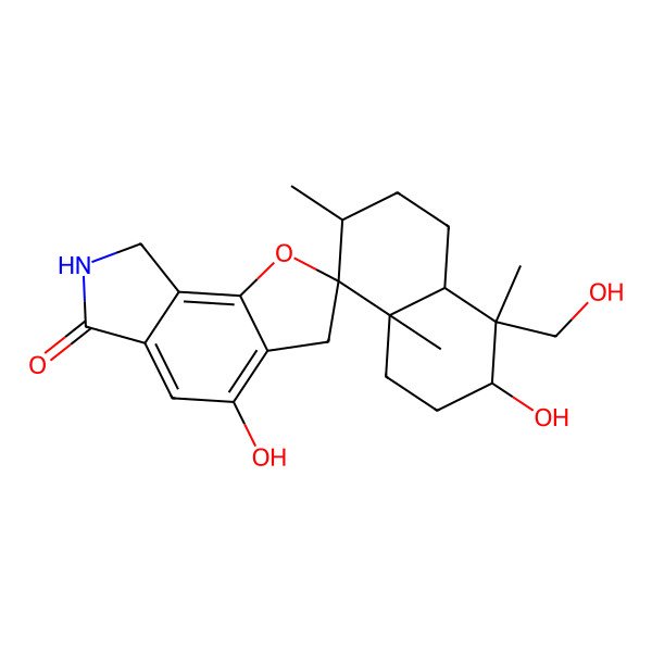 2D Structure of 3,4'-dihydroxy-4-(hydroxymethyl)-4,7,8a-trimethylspiro[2,3,4a,5,6,7-hexahydro-1H-naphthalene-8,2'-7,8-dihydro-3H-furo[2,3-e]isoindole]-6'-one