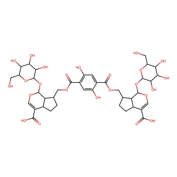 2D Structure of (1R,4aR,7R,7aR)-7-[[4-[[(1R,4aR,7R,7aR)-4-carboxy-1-[(2R,3S,4R,5R,6S)-3,4,5-trihydroxy-6-(hydroxymethyl)oxan-2-yl]oxy-1,4a,5,6,7,7a-hexahydrocyclopenta[c]pyran-7-yl]methoxycarbonyl]-2,5-dihydroxybenzoyl]oxymethyl]-1-[(2R,3S,4R,5R,6S)-3,4,5-trihydroxy-6-(hydroxymethyl)oxan-2-yl]oxy-1,4a,5,6,7,7a-hexahydrocyclopenta[c]pyran-4-carboxylic acid
