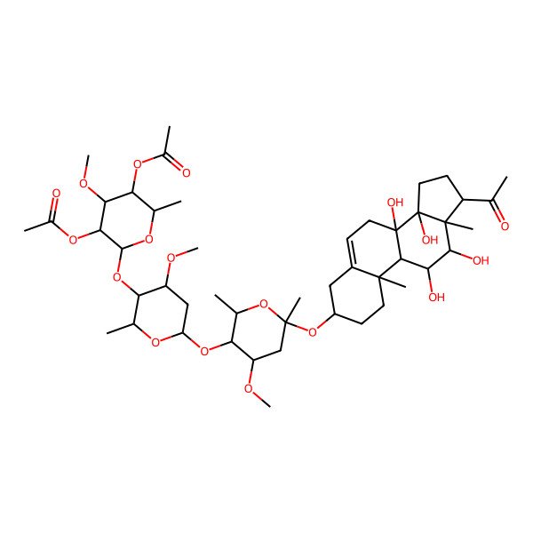 2D Structure of [5-acetyloxy-6-[6-[6-[[(3S,8S,10R,11S,12S,13S,14R,17R)-17-acetyl-8,11,12,14-tetrahydroxy-10,13-dimethyl-2,3,4,7,9,11,12,15,16,17-decahydro-1H-cyclopenta[a]phenanthren-3-yl]oxy]-4-methoxy-2,6-dimethyloxan-3-yl]oxy-4-methoxy-2-methyloxan-3-yl]oxy-4-methoxy-2-methyloxan-3-yl] acetate