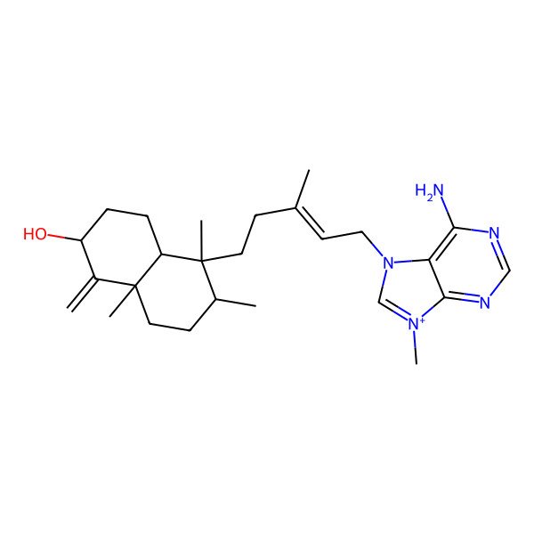 2D Structure of (2R,4As,5R,6S,8aR)-5-[(E)-5-(6-amino-9-methylpurin-9-ium-7-yl)-3-methylpent-3-enyl]-5,6,8a-trimethyl-1-methylidene-3,4,4a,6,7,8-hexahydro-2H-naphthalen-2-ol