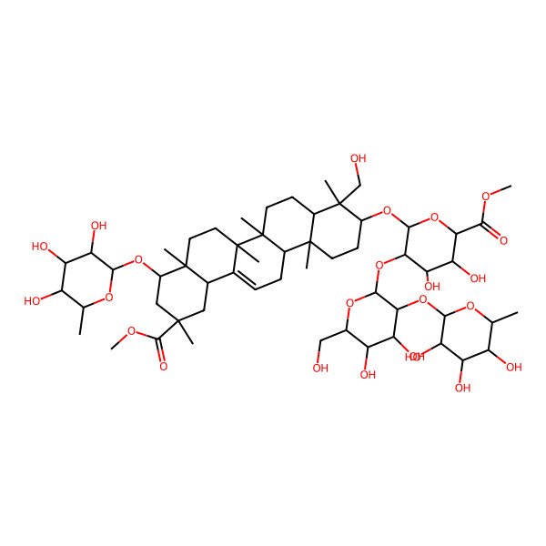2D Structure of methyl (2S,3S,4S,5R,6R)-6-[[(3S,4S,4aR,6aR,6bS,8aR,9R,11S,12aS,14aR,14bR)-4-(hydroxymethyl)-11-methoxycarbonyl-4,6a,6b,8a,11,14b-hexamethyl-9-[(2S,3R,4R,5R,6S)-3,4,5-trihydroxy-6-methyloxan-2-yl]oxy-1,2,3,4a,5,6,7,8,9,10,12,12a,14,14a-tetradecahydropicen-3-yl]oxy]-5-[(2S,3R,4S,5R,6R)-4,5-dihydroxy-6-(hydroxymethyl)-3-[(2S,3R,4R,5R,6S)-3,4,5-trihydroxy-6-methyloxan-2-yl]oxyoxan-2-yl]oxy-3,4-dihydroxyoxane-2-carboxylate