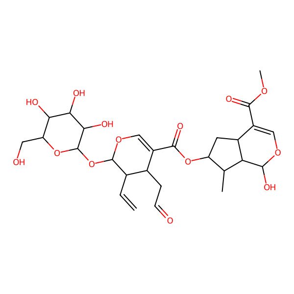 2D Structure of methyl (1R,4aS,6S,7R,7aR)-6-[(2S,3S,4S)-3-ethenyl-4-(2-oxoethyl)-2-[(2S,3S,4S,5S,6S)-3,4,5-trihydroxy-6-(hydroxymethyl)oxan-2-yl]oxy-3,4-dihydro-2H-pyran-5-carbonyl]oxy-1-hydroxy-7-methyl-1,4a,5,6,7,7a-hexahydrocyclopenta[c]pyran-4-carboxylate