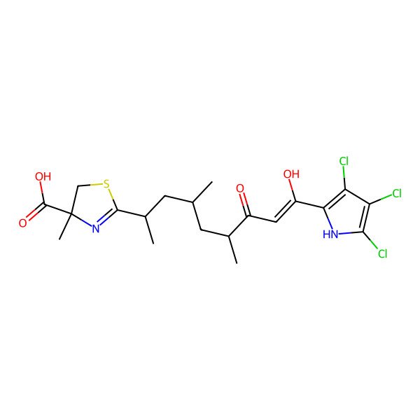 2D Structure of (4S)-2-[(E,2R,4S,6R)-9-hydroxy-4,6-dimethyl-7-oxo-9-(3,4,5-trichloro-1H-pyrrol-2-yl)non-8-en-2-yl]-4-methyl-5H-1,3-thiazole-4-carboxylic acid