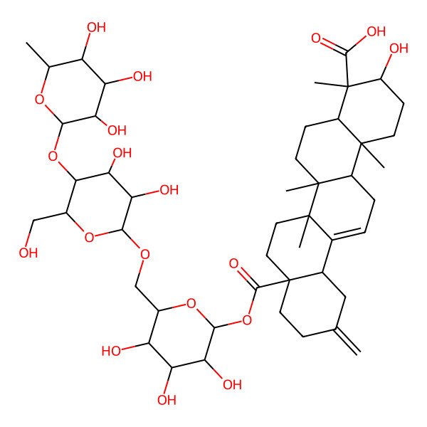 2D Structure of (3S,4S,4aR,6aR,6bS,8aS,12aS,14aR,14bR)-8a-[(2S,3R,4S,5S,6R)-6-[[(2R,3R,4R,5S,6R)-3,4-dihydroxy-6-(hydroxymethyl)-5-[(2S,3R,4R,5R,6S)-3,4,5-trihydroxy-6-methyloxan-2-yl]oxyoxan-2-yl]oxymethyl]-3,4,5-trihydroxyoxan-2-yl]oxycarbonyl-3-hydroxy-4,6a,6b,14b-tetramethyl-11-methylidene-1,2,3,4a,5,6,7,8,9,10,12,12a,14,14a-tetradecahydropicene-4-carboxylic acid