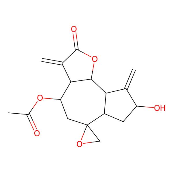 2D Structure of [(3aS,4R,6R,6aS,8S,9aR,9bR)-8-hydroxy-3,9-dimethylidene-2-oxospiro[3a,4,5,6a,7,8,9a,9b-octahydroazuleno[4,5-b]furan-6,2'-oxirane]-4-yl] acetate