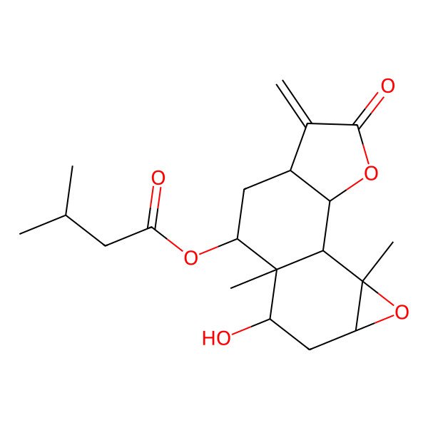 2D Structure of (10-Hydroxy-9,14-dimethyl-5-methylidene-4-oxo-3,13-dioxatetracyclo[7.5.0.02,6.012,14]tetradecan-8-yl) 3-methylbutanoate