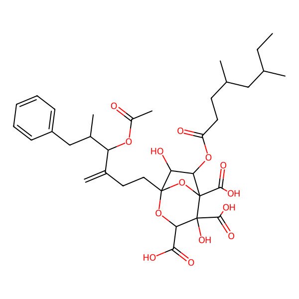 2D Structure of 1-(4-Acetyloxy-5-methyl-3-methylidene-6-phenylhexyl)-6-(4,6-dimethyloctanoyloxy)-4,7-dihydroxy-2,8-dioxabicyclo[3.2.1]octane-3,4,5-tricarboxylic acid
