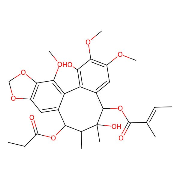 2D Structure of (3,9-Dihydroxy-4,5,19-trimethoxy-9,10-dimethyl-11-propanoyloxy-15,17-dioxatetracyclo[10.7.0.02,7.014,18]nonadeca-1(19),2,4,6,12,14(18)-hexaen-8-yl) 2-methylbut-2-enoate