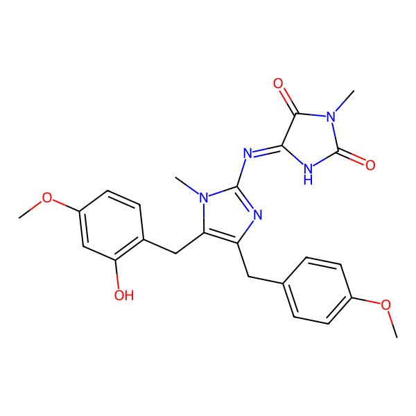 2D Structure of 5-[5-[(2-Hydroxy-4-methoxyphenyl)methyl]-4-[(4-methoxyphenyl)methyl]-1-methylimidazol-2-yl]imino-3-methylimidazolidine-2,4-dione