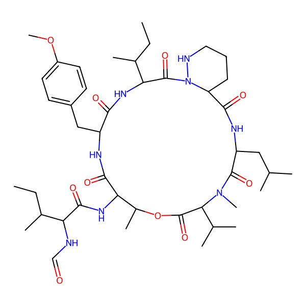 2D Structure of N-[3-butan-2-yl-6-[(4-methoxyphenyl)methyl]-10,14-dimethyl-16-(2-methylpropyl)-2,5,8,12,15,18-hexaoxo-13-propan-2-yl-11-oxa-1,4,7,14,17,23-hexazabicyclo[17.4.0]tricosan-9-yl]-2-formamido-3-methylpentanamide