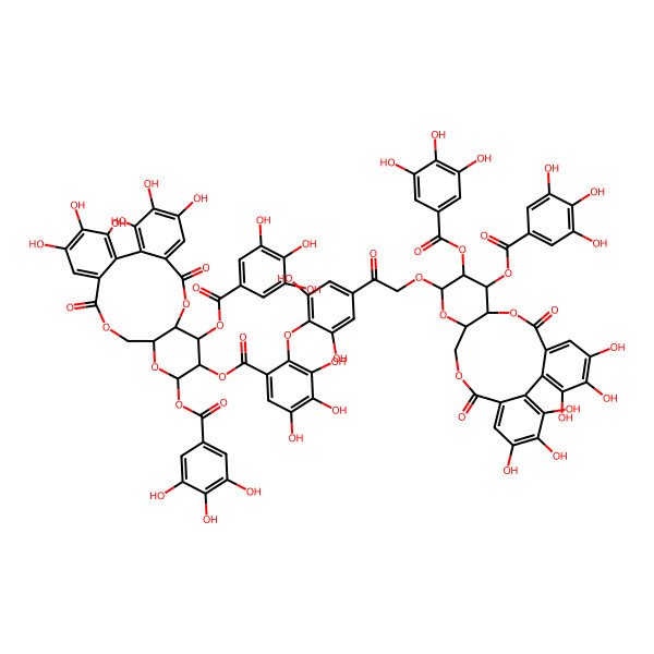 2D Structure of [(10R,12S,13S)-3,4,5,21,22,23-hexahydroxy-8,18-dioxo-11,13-bis[(3,4,5-trihydroxybenzoyl)oxy]-9,14,17-trioxatetracyclo[17.4.0.02,7.010,15]tricosa-1(23),2,4,6,19,21-hexaen-12-yl] 2-[4-[2-[[(12R,15R)-3,4,5,21,22,23-hexahydroxy-8,18-dioxo-11,12-bis[(3,4,5-trihydroxybenzoyl)oxy]-9,14,17-trioxatetracyclo[17.4.0.02,7.010,15]tricosa-1(23),2,4,6,19,21-hexaen-13-yl]oxy]acetyl]-2,6-dihydroxyphenoxy]-3,4,5-trihydroxybenzoate
