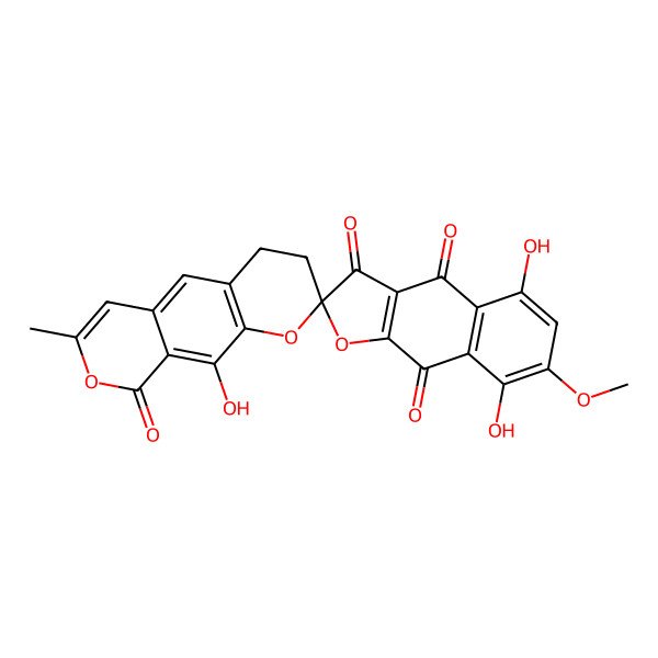 2D Structure of 5',8',10-Trihydroxy-7'-methoxy-7-methylspiro[3,4-dihydropyrano[4,3-g]chromene-2,2'-benzo[f][1]benzofuran]-3',4',9,9'-tetrone