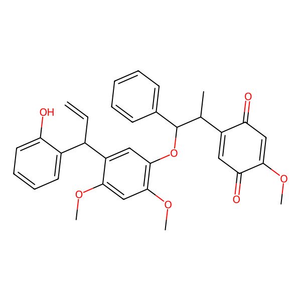 2D Structure of 2-[(1S,2S)-1-[5-[(1R)-1-(2-hydroxyphenyl)prop-2-enyl]-2,4-dimethoxyphenoxy]-1-phenylpropan-2-yl]-5-methoxycyclohexa-2,5-diene-1,4-dione