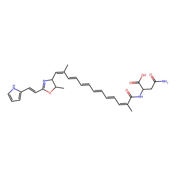 2D Structure of 4-amino-2-[[2,12-dimethyl-13-[5-methyl-2-[2-(1H-pyrrol-2-yl)ethenyl]-4,5-dihydro-1,3-oxazol-4-yl]trideca-2,4,6,8,10,12-hexaenoyl]amino]-4-oxobutanoic acid