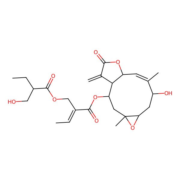 2D Structure of 2-[(8-Hydroxy-4,9-dimethyl-14-methylidene-13-oxo-5,12-dioxatricyclo[9.3.0.04,6]tetradec-9-en-2-yl)oxycarbonyl]but-2-enyl 2-(hydroxymethyl)butanoate