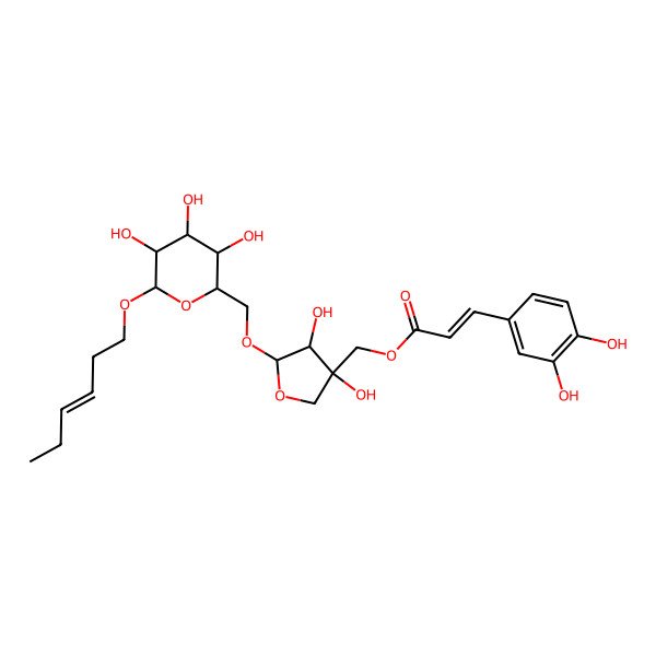 2D Structure of [(3S,4R,5R)-5-[[(2R,3S,4S,5R,6R)-6-[(Z)-hex-3-enoxy]-3,4,5-trihydroxyoxan-2-yl]methoxy]-3,4-dihydroxyoxolan-3-yl]methyl (E)-3-(3,4-dihydroxyphenyl)prop-2-enoate