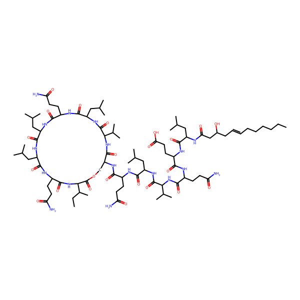 2D Structure of 5-[[5-Amino-1-[[1-[[1-[[5-amino-1-[[6,15-bis(3-amino-3-oxopropyl)-3-butan-2-yl-9,12,18-tris(2-methylpropyl)-2,5,8,11,14,17,20,23-octaoxo-21-propan-2-yl-1-oxa-4,7,10,13,16,19,22-heptazacyclopentacos-24-yl]amino]-1,5-dioxopentan-2-yl]amino]-4-methyl-1-oxopentan-2-yl]amino]-3-methyl-1-oxobutan-2-yl]amino]-1,5-dioxopentan-2-yl]amino]-4-[[2-(3-hydroxydodec-5-enoylamino)-4-methylpentanoyl]amino]-5-oxopentanoic acid